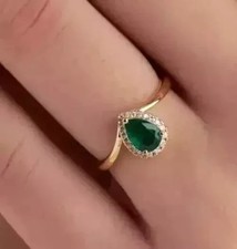 Natural Green Emerald 3.0Ct Pear Cut Halo Engagement Ring 14K Yellow Gold Plated