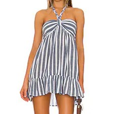 Show Me Your Mumu Johanna Sea Mini Dress Blue White Stripe Halter  Size L sailor