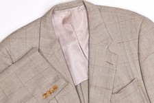 Vintage Hickey Freeman Canterbury Windowpane Beige Silk/Wool Blazer Jacket 48R