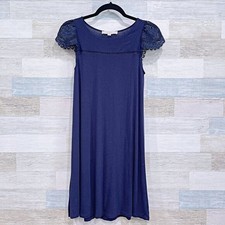 LOFT Lace Cap Sleeve Tent Dress Navy Blue Jersey Knit Casual Womens XS