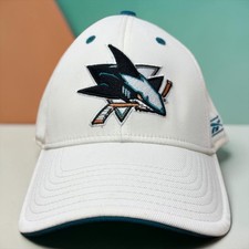 Reebok San Jose Sharks Hat Mens OSFA White Teal NHL Face Off Stretch Fit Cap