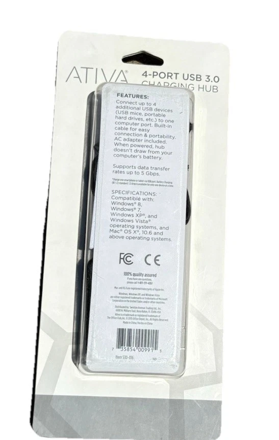 ATIVA 4-Port USB 3.0 HUB Fits Port USB A 530-016 New - Image 2 of 2