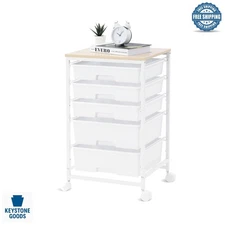 Bright White 5-Drawer Utility Cart with Wooden Top & Lockable Wheels