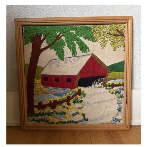 Crewel Framed Embroidered Covered Bridge Landscape Wall Art 15.5X15.5”