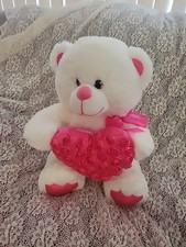 Large White Teddy Bear Valentine 16" Plush pink Rose Heart Seasonal Sensations
