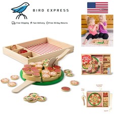 Wooden Pizza Play Set with 36 Toppings and Accessories for Kids 3 
