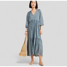 Anthropologie Stormy Blue Tiered Maxi Dress Metallic Dot Napoli Size M