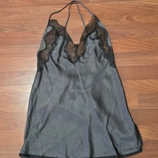 Victoria's Secret Romantic Satin Chemise Nightie Open Back Lace Trim Gray S
