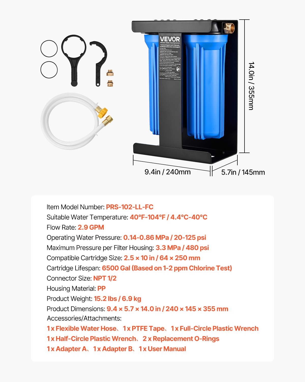 VEVOR RV Water Filtration System 2-Cartridge Water Filter System for Campers Rem