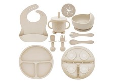 Beige Baby Feeding Set with Bib, Cup, Bowl, Plate, Fork   Mixed Set