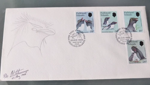 FALKLAND ISL. 1986 ROCKHOPPER PENGUINS ILL FDC SIGNED BY IAN STRANGE + ILLUST.
