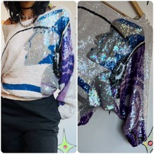 Vintage 80s Disco Glam Fully Sequin Silk Wearable Art Dolman Bat Wing Blouse M/L