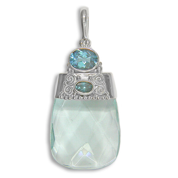 Oval Blue Topaz & Aqua Opalite Silver Pendant New!