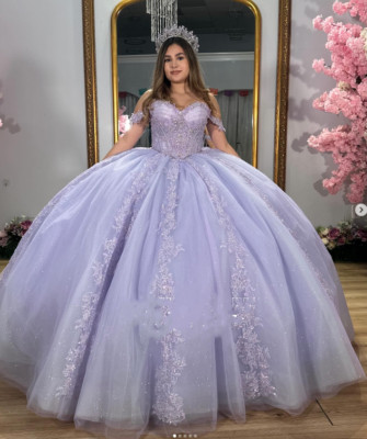 lavender light purple quinceanera dresses A Line Organza Off-the-Shoulder Lavender Quinceanera Dress Lavender / 14