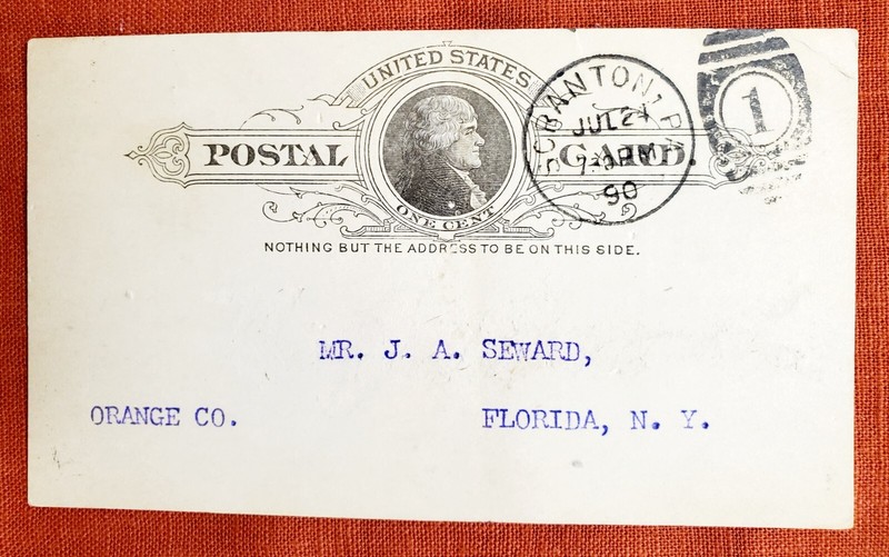 1890 POSTAL CARD - SCRANTON, PA POST to J.A. SEWARD, FLORIDA, NY - HAND CANCEL