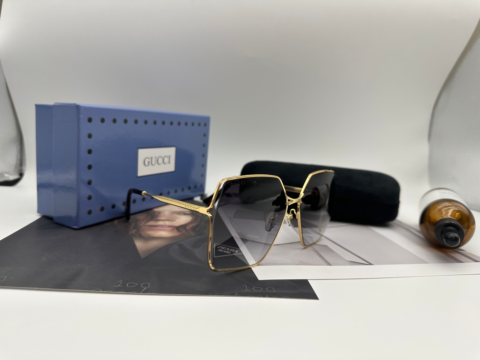Gucci GG0817S 001 Sunglasses Women's Gold/Grey Gradient Lens Square 65