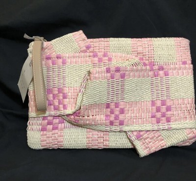 NWT Pink Plaid Large Raffia Wristlet Clutch Purse 11.5x8 Bow A NEW DAY MSRP$20