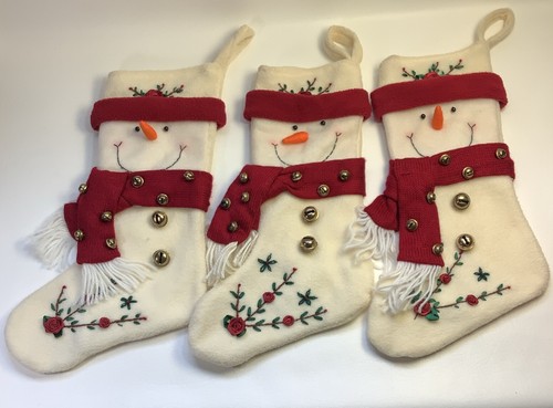 Lot Of 3 Snowman Christmas Stockings 14” Embroidered W/ Bells And Knit Scarves