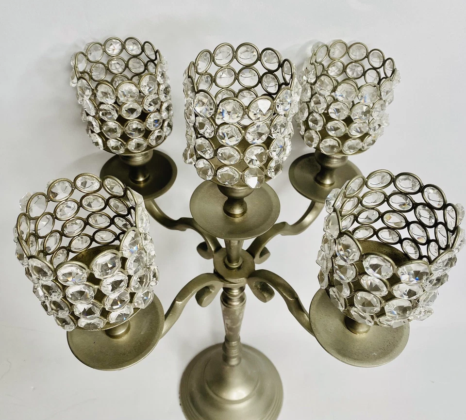 Candelabro votivo de plata cepillada de cristal de 5 brazos Centerpiec Foto 2 de 4