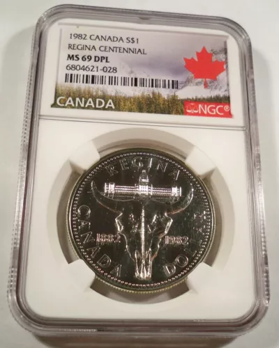 1982 NGC MS69 DPL CANADA SILVER DOLLAR REGINA 1882-1982 S$1 MS 69 D PROOF LIKE