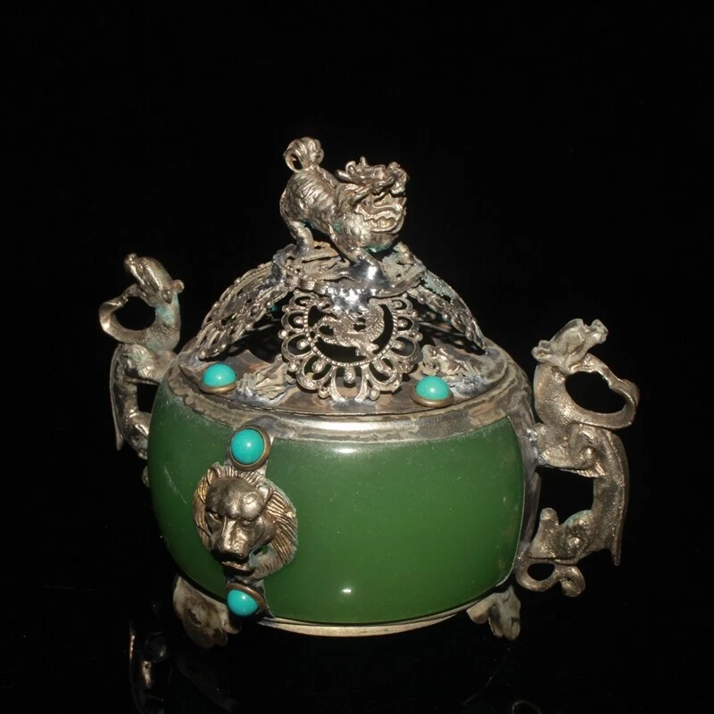 Antiguo Tíbet chino plata jade hecho a mano doble oreja león quemador de incienso Foto 3 de 4