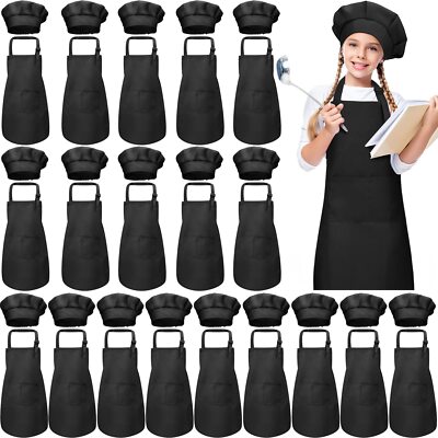 40 Pcs Kids Apron Chef Hat Set Boys Girls Aprons Chef Apron 7-13 Years (Black)