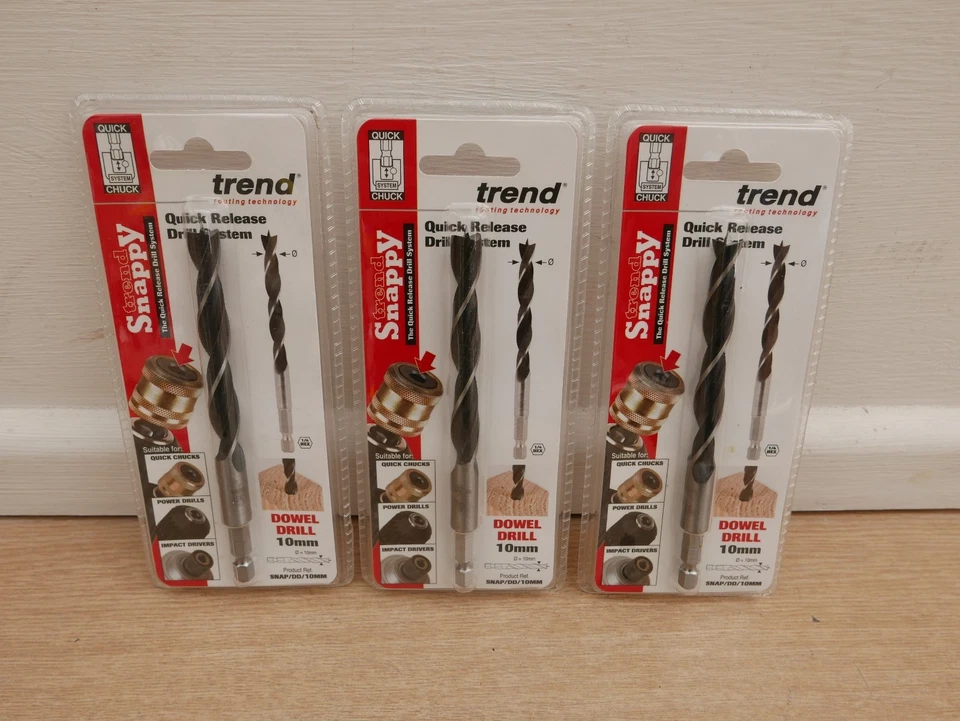 3 X TREND 10MM X 1/4" HEX WOOD BRAD DOWEL DRILL BITS LIP & SPUR SNAP/DD/10MM
