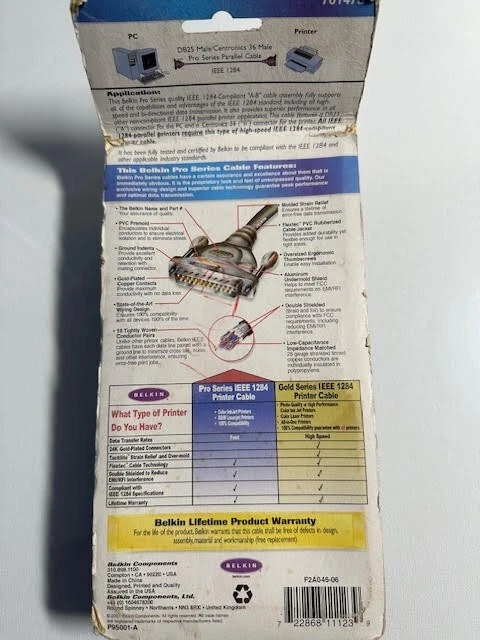 New Belkin IEEE 1284 Pro Series 6’ Printer Cable 1.8M  PC COMPATIBLE  Male - Image 3 of 3