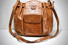 VALENTINO GARAVANI Brown Croc Embossed Leather Crossbody Drawstring Hand Bag