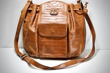 VALENTINO GARAVANI Brown Croc Embossed Leather Crossbody Drawstring Hand Bag