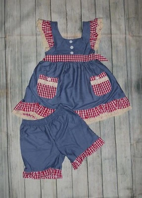 NEW Boutique Girls Blue Red Gingham Trim Tunic & Shorts Outfit 4th of July - Image 1 of 3