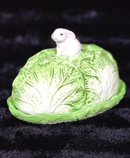 Arlington Designs Cabbage Lettuce Butter Dish White Easter Bunny on Lid Ceramic