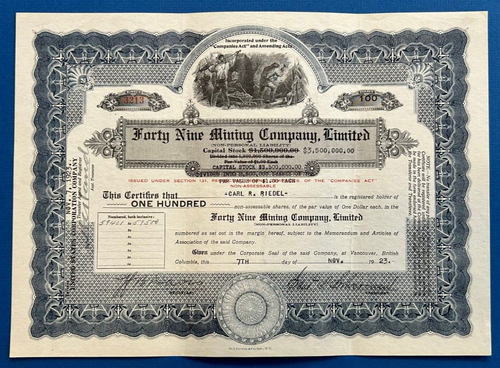 1923 Forty Nine Mining Company Limited Stock Certificate British Columbia - 第 1/2 張圖片