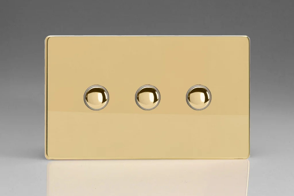Switch Brass Triple Momentary 6A 3-Gang Screwless Polished Varilight XDVM3S