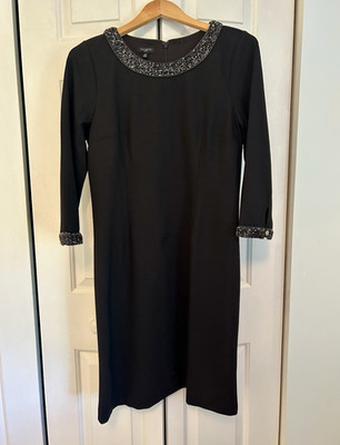 Talbots Petites Shift Dress Size 12P Black 3/4 Sleeve Scoop Neck Beaded