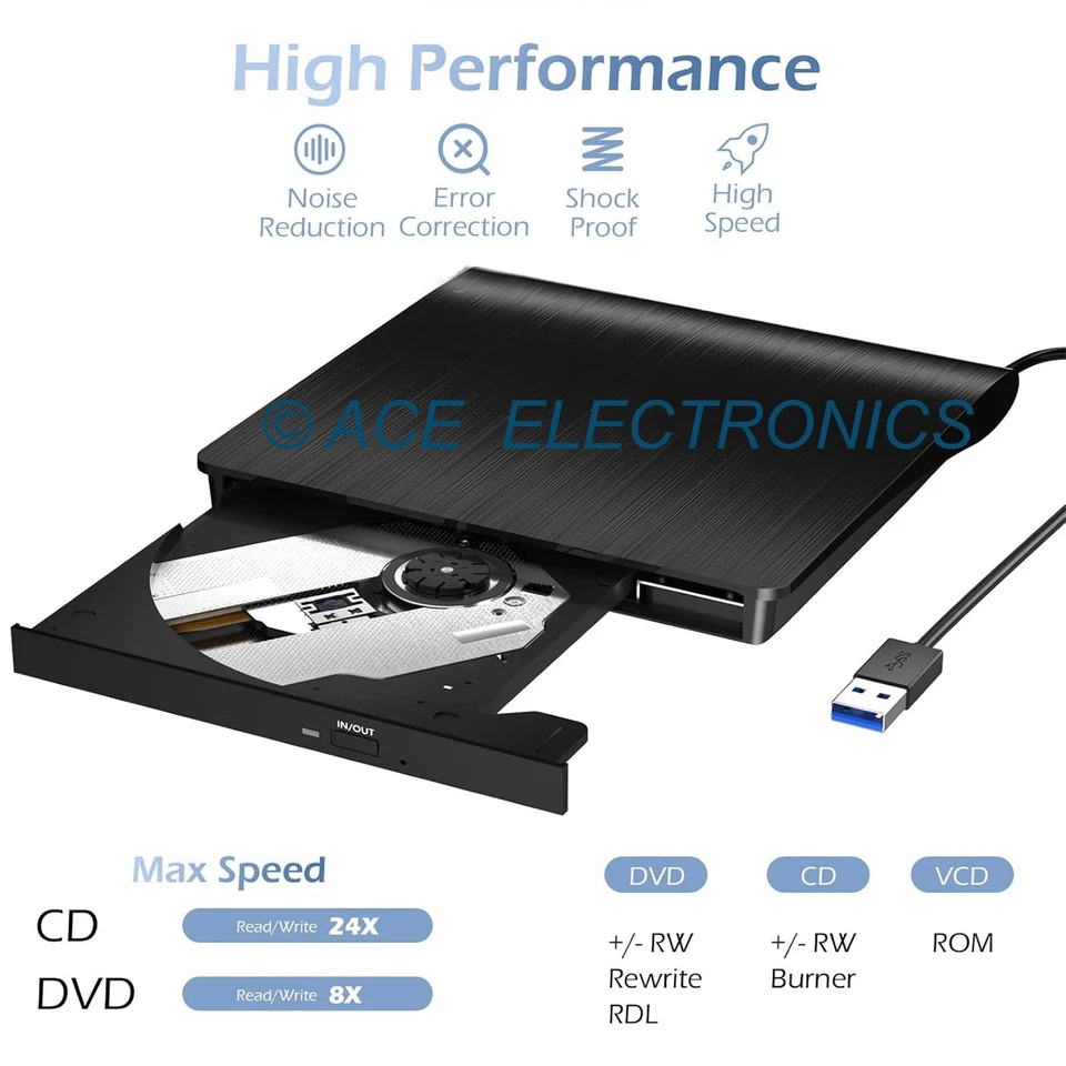 外置USB 3.0 CD/DVD刻录机播放器适用于三星惠普戴尔联想Mac/PC笔记本电脑 — 第 2/3 张图片