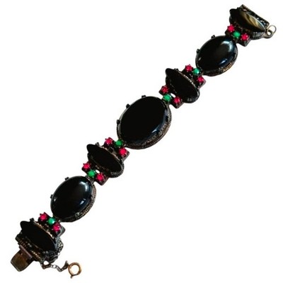 VtG regal glass jet black glass link Bracelet Victorian style rhinestone bronze
