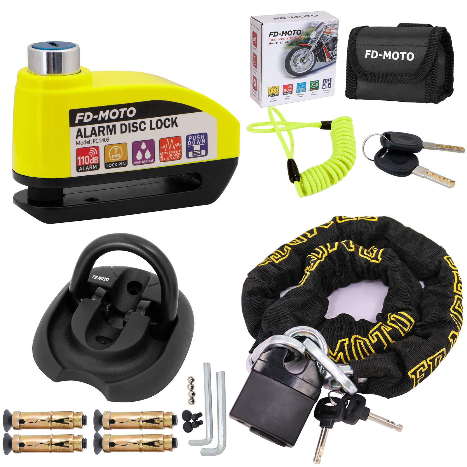 FD-MOTO 1.2M*10mm Motorbike Chain Lock & Alarm Brake Disc Lock & Wall Anchor