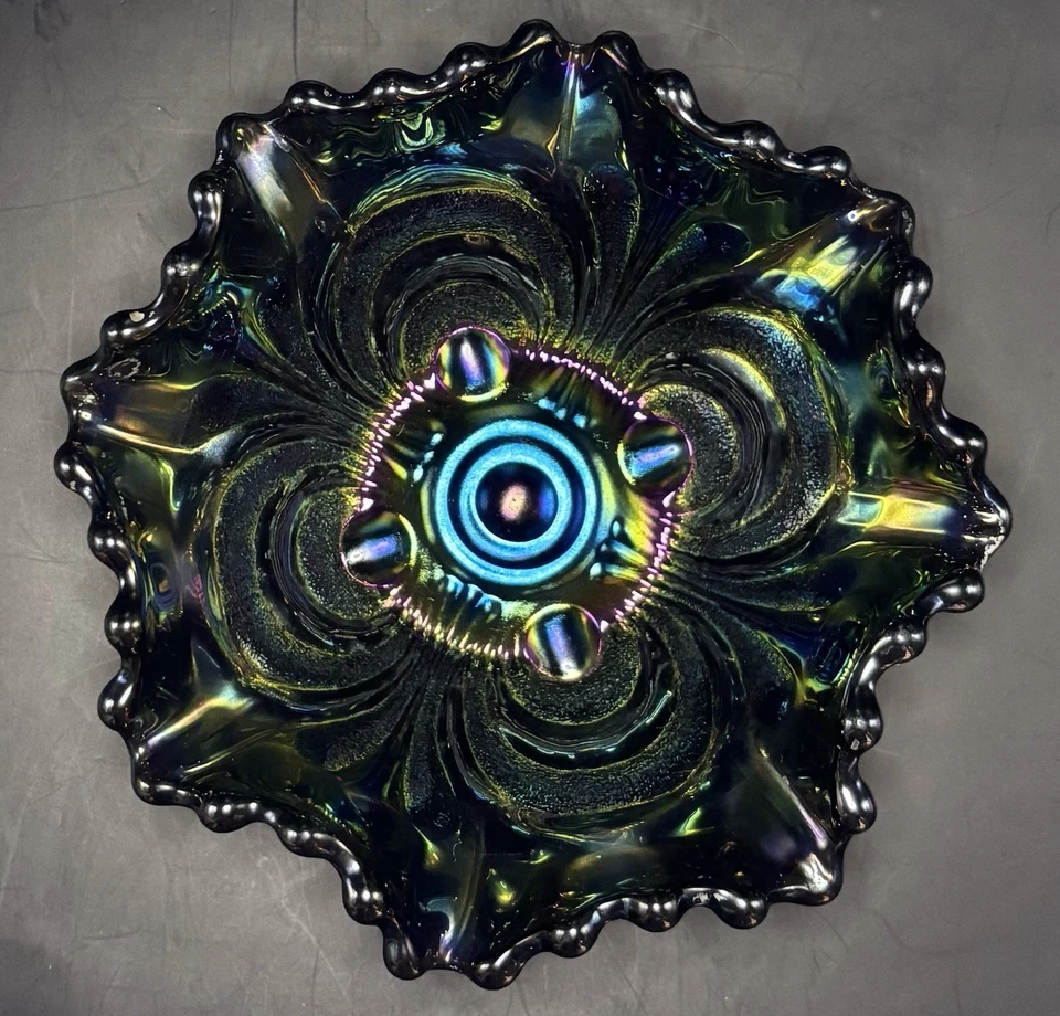 IMPERIAL CARNIVAL GLASS SCROLL EMBOSSED BERRY BOWL PURPLE RAINBOW IRRIDESCENCE - Image 4 of 4