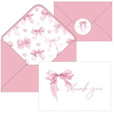 24Pcs Pink Bow Thank You Cards Coquette Bow Greeting Cards with Envelopes and...