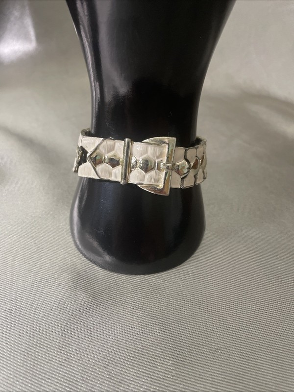 Coro Bracelet/Articulated/Retro Buckle Motif. Textured Enamel With Safety Chain.