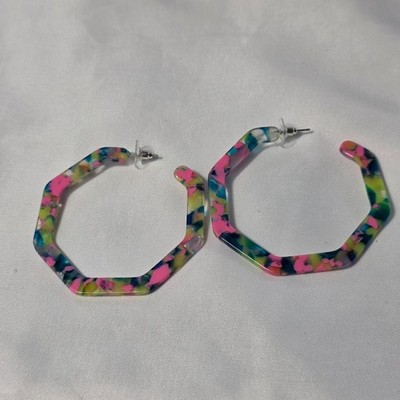 Open Hexagon Resin Hoop Stud Earrings Vibrant Multicolored Confetti Design