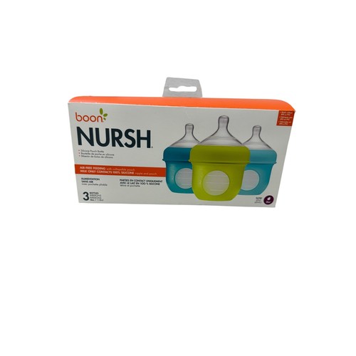 Boon NURSH Silicone Pouch Baby Bottles 4oz 3pk Blue Green Air-Free Feeding Slow
