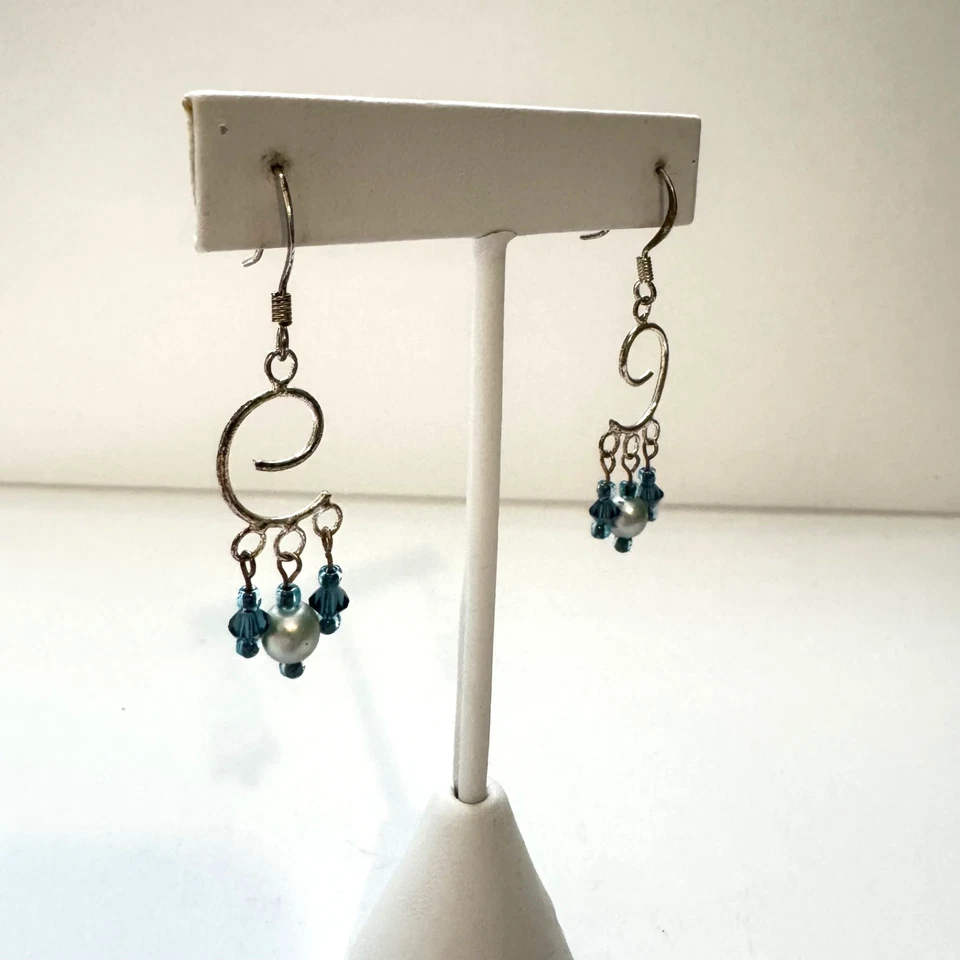 Pendientes colgantes de alambre en espiral cuentas azules de plata de ley 925 Foto 4 de 4