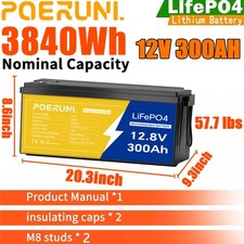 NEW 12V 300Ah Lithium LiFePO4 Battery 3840Wh BMS Deep Cycle For Marine RV Solar