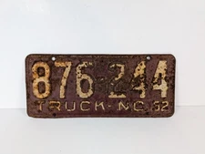1952 North Carolina Truck License Plate 876-244 Vintage Maroon Red White NC 52