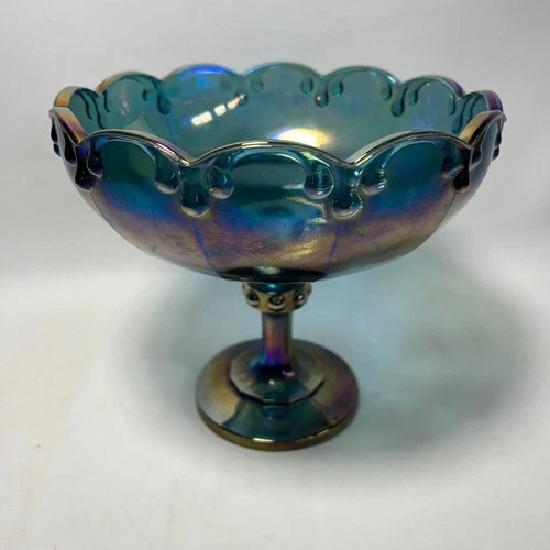 Vintage Indiana Glass Pedestal Bowl Carnival Glass Peacock Blue Garland 7.5”