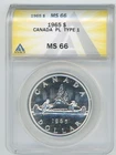 Canada 1965 Type 1 PL Proof-like Silver Dollar ANACS MS66