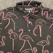 Chubbies Polo Golf Shirt Men LARGE Black Pink Flamingo Print Stretch Performance