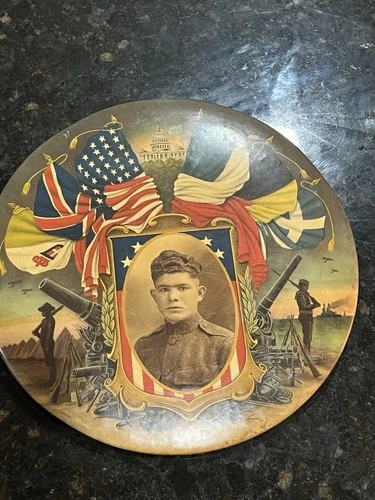 Rare Antique Original WW1 US Army Military Picture Tin 9”  World War One Flags